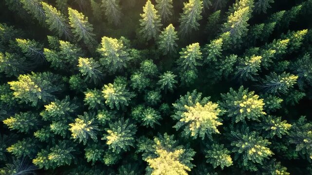 Aerial view of a dense forest with evergreen trees and sunlight shining through