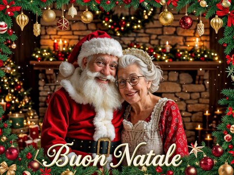 Smiling Santa and elderly woman share festive joy by a glowing fireplace, framed in Christmas magic.