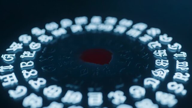 A glowing, circular pattern of symbols surrounds a pool of deep red liquid against a dark backdrop. The symbols are illuminated