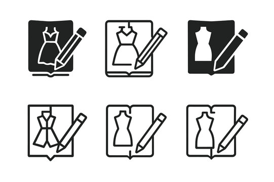 Custom Fashion Logos. Personalized fashion and custom clothing. Icon set. Set Logo of personalized fashion and custom clothing: design sketchbook with clothing