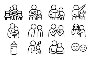 Parent-Child Icon Set. Parent-child bonding. Line icon set of parent-child bonding: hugging on bench, sharing snack, reading book, pointing at sky, cuddling,