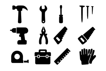 Obraz premium DIY Repair Tools. DIY home repair. Solid icon set of DIY home repair: hammer, wrench, screwdriver, nails, drill, pliers, saw, tape measure, toolbox, ruler,