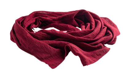 A burgundy scarf, draped in intricate folds against a black backdrop, showcasing texture and flow