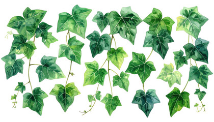 Illustration of lush green leaves and vines, possibly ivy, against a black background. Leaves display varying shades and details