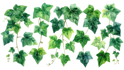 Illustration of lush green leaves and vines, possibly ivy, against a black background. Leaves display varying shades and details