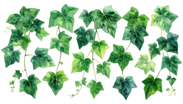 Illustration of lush green leaves and vines, possibly ivy, against a black background. Leaves display varying shades and details