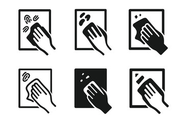 Fingerprint Cleaning Icons. Wiping fingerprints off glass. Icon set. Set Logo of wiping fingerprints off glass: window edge with corner being polished.