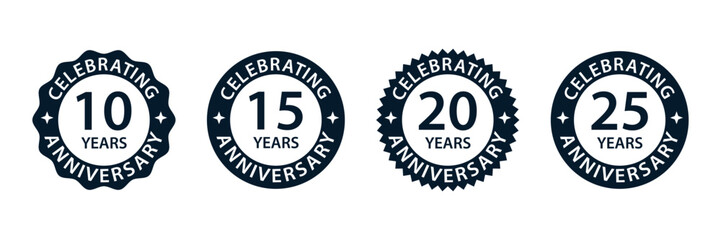 Anniversary badge collection with numbers from 10 to 25 years in classic round shapes. Perfect for company celebrations and milestones