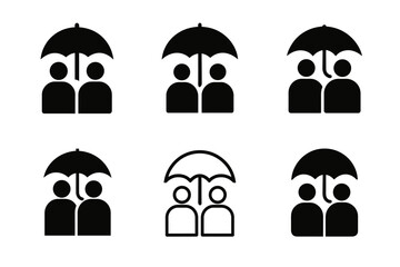 Supportive Friends Logos. Supporting friends through tough times. Icon set. Set Logo of supporting friends through tough times: shared umbrella. harmonious