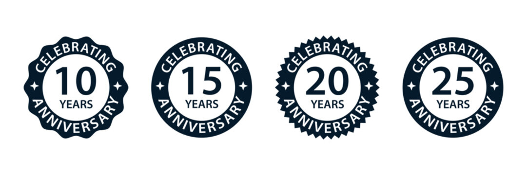 Anniversary badge collection with numbers from 10 to 25 years in classic round shapes. Perfect for company celebrations and milestones