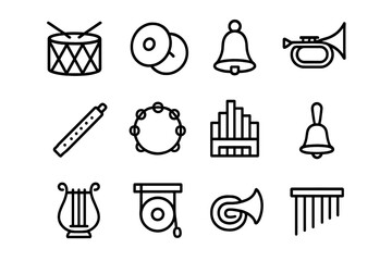 Musical Icons Collection. Musical instruments. Line icon set of musical instruments: drum, cymbals, bell, trumpet, flute, tambourine, organ, handbell, lyre,