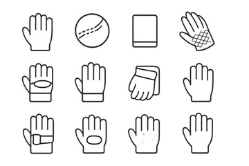 Work Gloves Icons. Work Gloves Set. Line icon set of Work Gloves Set: gloves, stitching detail, cuff, palm texture, reinforced knuckle, finger lines, folded