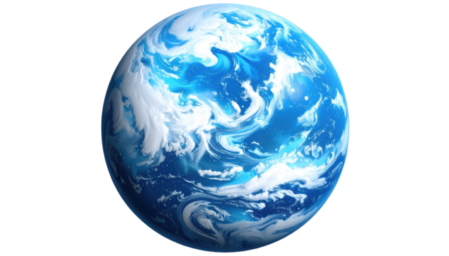 A vibrant orb showcasing swirling oceans and cloud formations. The composition creates an ethereal yet powerful depiction of a planet