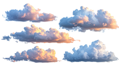 Several detached, fluffy cloud formations, each showcasing varied textures and hues of white, pink, and orange against black