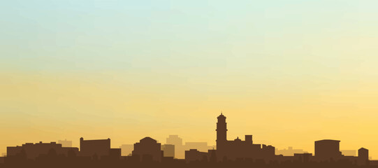 Panoramic poster of the city skyline with misty background buildings, hills sunrise, sunset and clouds of PUEBLA, MEXICO