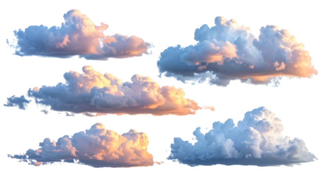 Several detached, fluffy cloud formations, each showcasing varied textures and hues of white, pink, and orange against black