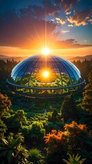 Fototapeta premium A radiant artificial sun illuminating a self-sustaining biosphere dome, where AI-guided seasons harmonize organic and cybernetic flora in a serene, futuristic ecological sanctuary.