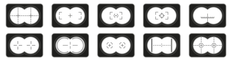 Binocular viewfinder icons collection with different target and focus marks. Perfect for hunting, observation, and military interface
