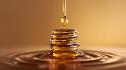 Viscous golden liquid drips onto a surface creating ripples in