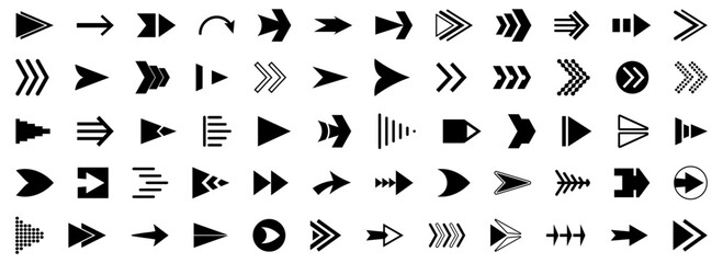 Arrow collection with many bold shapes and expressive directional styles. Each symbol shows movement through sharp or curved forms
