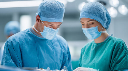 Surgeons performing a complex operation in a modern hospital during a surgical procedure