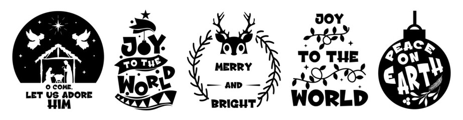 Christmas typography with Joy to the World and Peace on Earth designs. Festive black silhouettes with religious and joyful themes