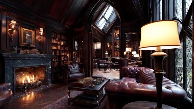 Elegant library interior with fireplace and rich tones for editorial use