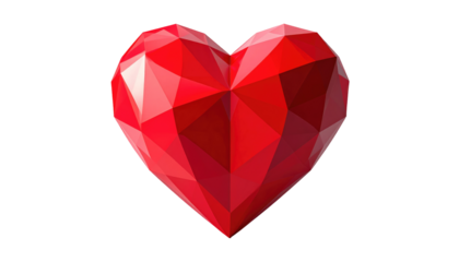 A vibrant, three-dimensional, faceted red heart rendered against a stark, black background. Geometric shapes create the form