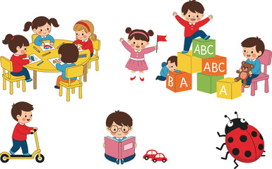  Kindergarten and Preschool Activities Vector Illustration Set Children Drawing, Playing with ABC Blocks, Reading, and Riding Scooter Collection..