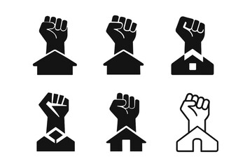 Rooftop Activist Icons. Activist on rooftop. Icon set. Set Logo of activist on rooftop: Raised fist from rooftop. harmonious logo variations of the same