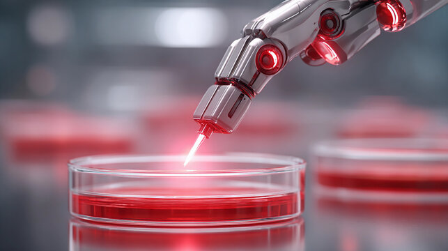 Robot arm manipulating a petri dish with a laser in a lab setting, showcasing advanced technology in red light