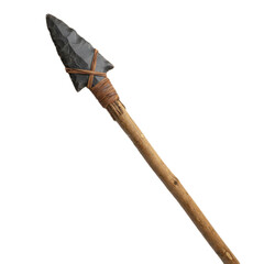 A traditional spear with a sharp, flint tip and a wooden shaft, bound together with twine, showcasing craftsmanship and ancient design.