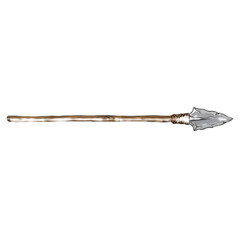 A spear with a wooden shaft and a dual-tipped metal head, showcasing intricate detailing on the arrowhead and binding.