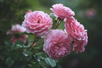 Obraz premium Soft Pink Roses Blooming in a Serene Garden During the Warm Afternoon Light