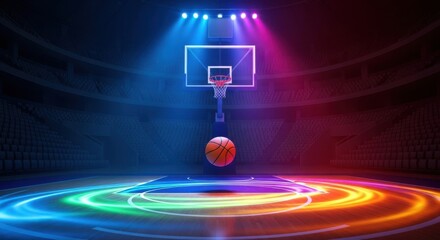 Neon basketball court with glowing hoop and ball
