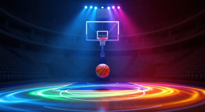 Neon basketball court with glowing hoop and ball
