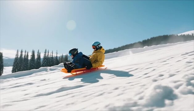 Two people sledding down snowy hill under bright sun  