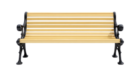 A fully rendered, isolated public bench against a transparent background. It features a light wooden seat and black cast-iron supports