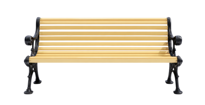 A fully rendered, isolated public bench against a transparent background. It features a light wooden seat and black cast-iron supports