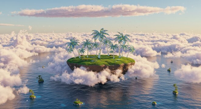 Lush tropical island floats miraculously above an ocean submerged within thick layers of clouds