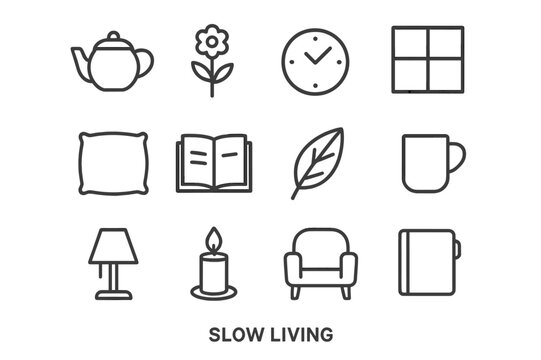 Slow Living Icons. Slow Living. Line icon set of Slow Living: tea pot, flower, clock, window, pillow, book, leaf, mug, lamp, candle, chair, notebook. All