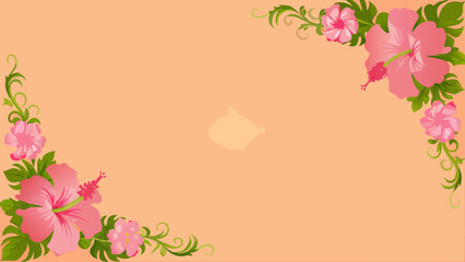 Pink hibiscus flowers and green leaves frame a soft peach background
