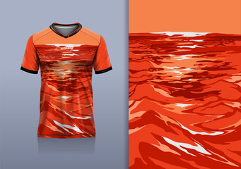 T-shirt mockup abstract texture grunge water sport jersey design for football, soccer, racing, esports, running, white orange red color © Nimpuna O