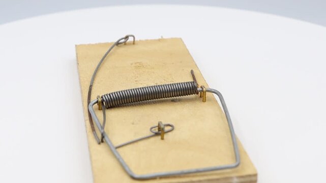 Classic wooden mousetrap in close-up rotation on a turntable. Rodent protection/control.