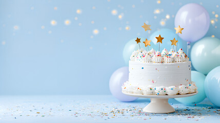 A delicious buttercream birthday cake with candles against a blue background,  Sprinkles adorn the cake and decorate the table,  birthday party decorated cake with candles and sparkles.