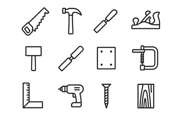 Woodworking Tool Icons. Woodworking tools. Line icon set of woodworking tools: saw, hammer, chisel, plane, mallet, file, sandpaper, clamp, ruler, drill, screw,