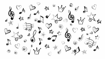 Hand drawn musical notes stars hearts and crowns doodle pattern
