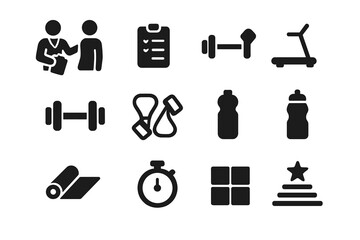 Gym Training Icons. Personal trainer and client. Solid icon set of A personal trainer and client discussing a workout routine in a gym: trainer figure, client