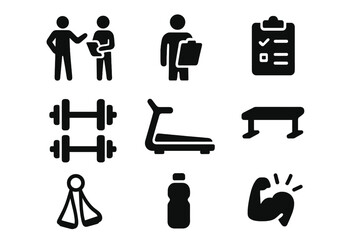 Gym Training Icons. Personal trainer and client. Solid icon set of A personal trainer and client discussing a workout routine in a gym: trainer figure, client
