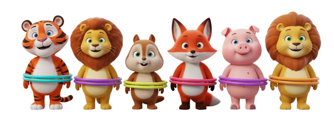 Obraz premium Cute cartoon animals with rings transparent background cutout png